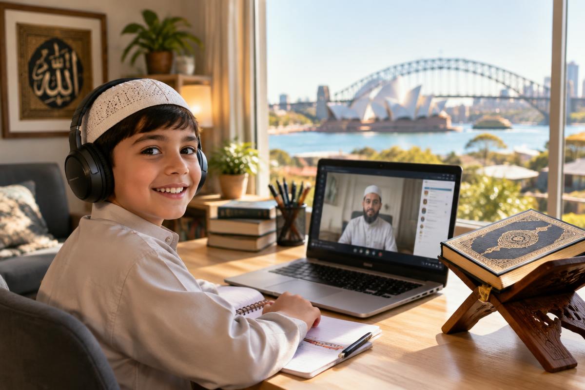 Australian Muslim boy wearing headphones in a live online Quran class with a teacher on his laptop, Sydney Opera House visible through the window